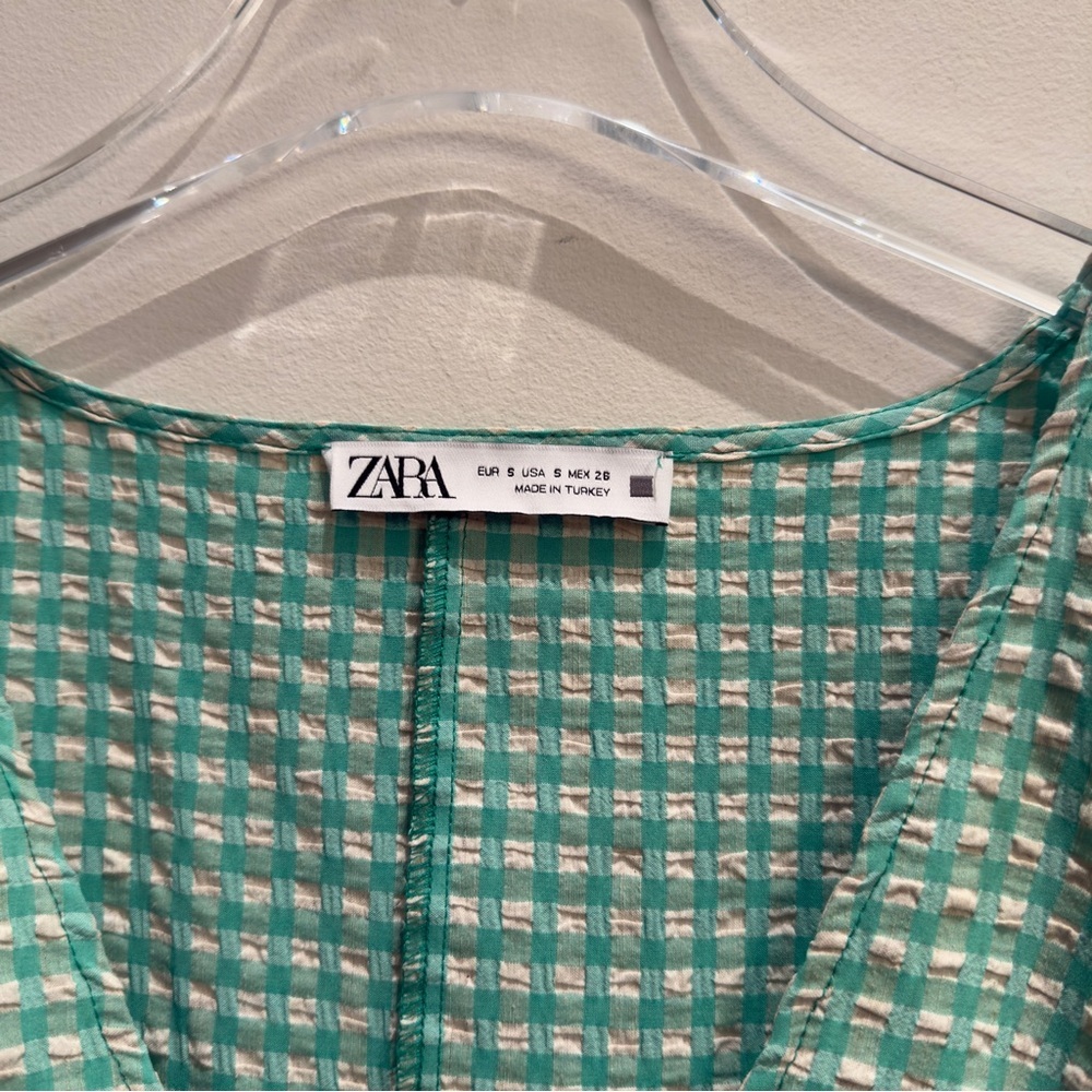 Zara Green Gingham Cut Out Midi Puff Sleeve Dress Size Small Women - Picture 6 of 14